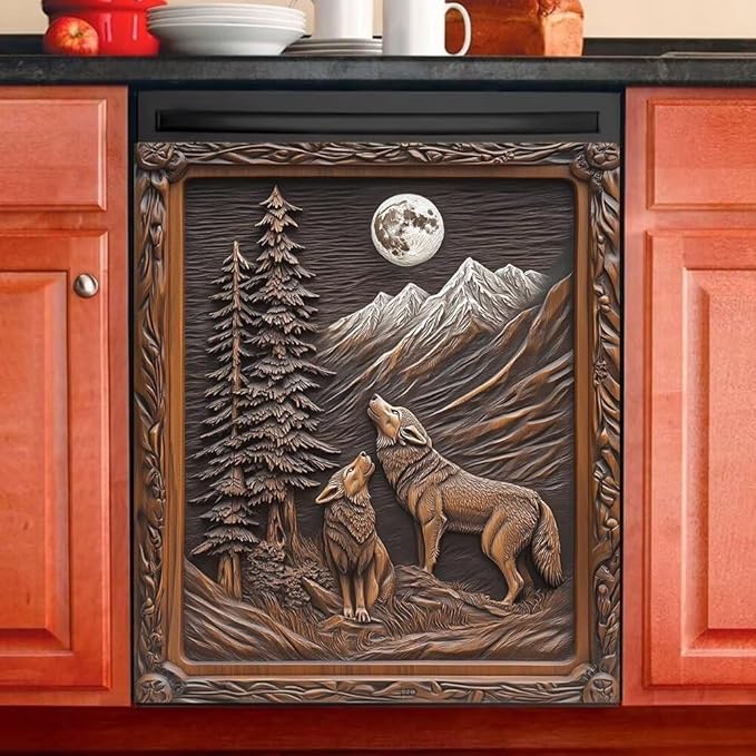 Dishwasher Magnet Cover, Wolf Howling at Moon Mountain Scene Refrigerator Magnetic Vinyl Sticker for Dishwasher Door, Decorative Kitchen Appliance Panel Decal, 23Wx26H Inches