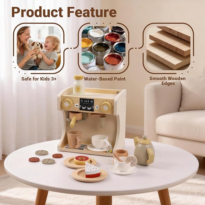 Freniland Wooden Coffee Maker Playset for Toddlers, Deluxe Pretend Espresso Machine with Accessories, Montessori Kitchen Toy for Kids Ages 3Y+