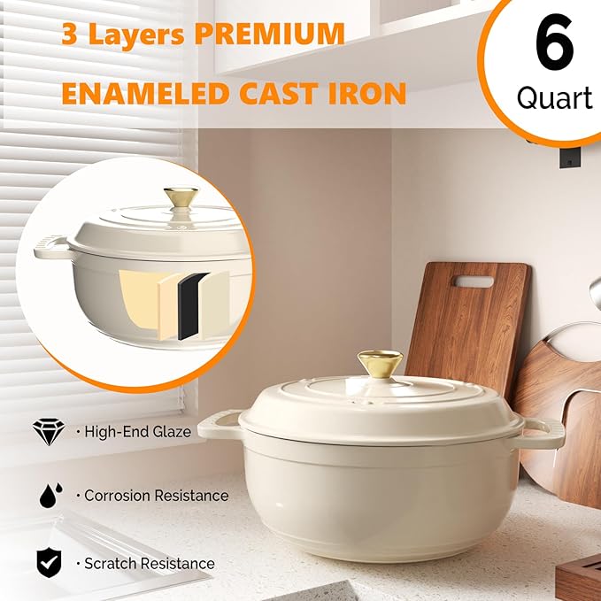 ROVSUN Enameled Cast Iron Round Dutch Oven, 6QT Pot with Lid &Dual Handles with Silicone Gloves,Oven Safe up to 500°F, Heavy-Duty Pre-Seasoned Cookware for Bread Baking, Braising, Stews, Roasting, Cream White