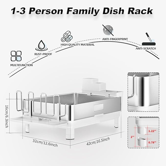 Ewaiira Dish Drying Rack, 304 Stainless Steel Dish Racks for Kitchen Counter, Dish Drainers with Automatic Drainage, Utensil Holder & Cups Holder, Space Saving Kitchen Organizer, White