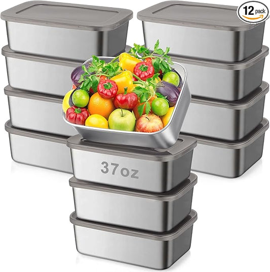 12 Pcs Stainless Steel Food Storage Containers with Lids, 37 oz Metal Lunch Bento Box, Lightweight Stackable Easy Open Meal Prep Container for Kitchen Picnic, Freezer & Dishwasher Safe