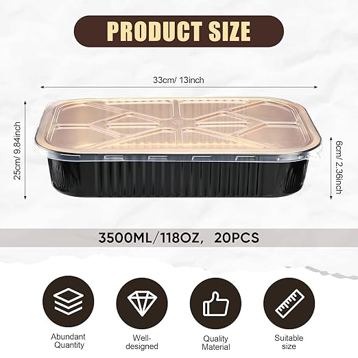 Baderke 20 Set 9x13 Heavy Duty Aluminum Pans with Lids Double Thick Aluminum Foil Baking Pan Food Container for Heating Cooking Meal Prep Storage Freezer and Takeout (Black Gold)