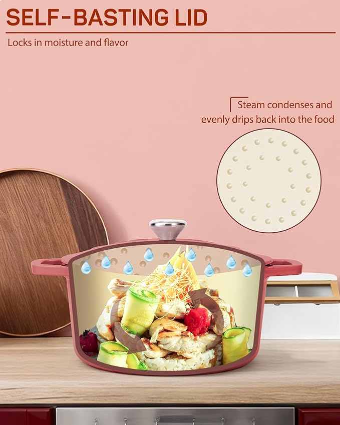 Enameled Cast Iron Dutch Oven – 4.4 Quart Pot with Lid & Potholders – Heavy-Duty Cookware for Bread Baking, Braising, Stews & Roasting – Oven & Stovetop Safe up to 500°F – Red