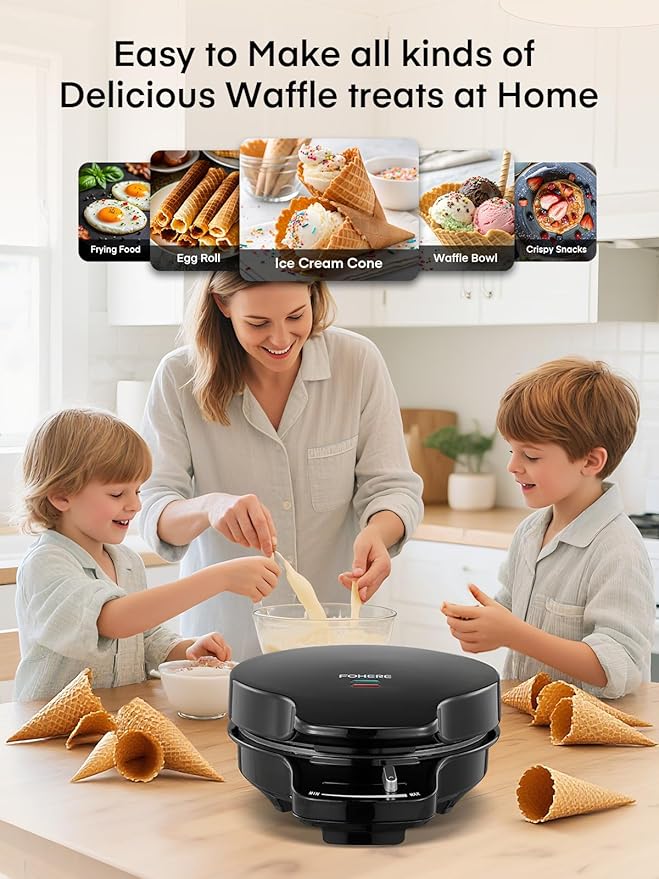 FOHERE Waffle Cone Maker Machine and Ice Cream Bowl Maker with Temperature Control, Double Side Nonstick Waffle Bowl Maker with Cone Roller, 7.5” Thin Waffle Maker for Home Kitchen (Black)