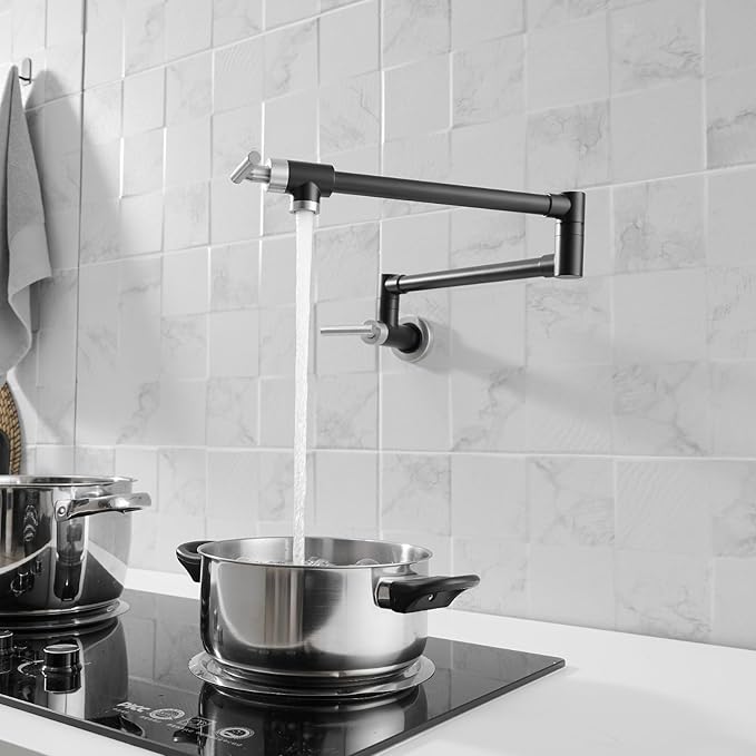 GIMILI Black and Nickel Pot Filler Commercial Wall Mount Faucet Folding Double Joint Swing Arm Pot Filler Rotatable Wall Faucet