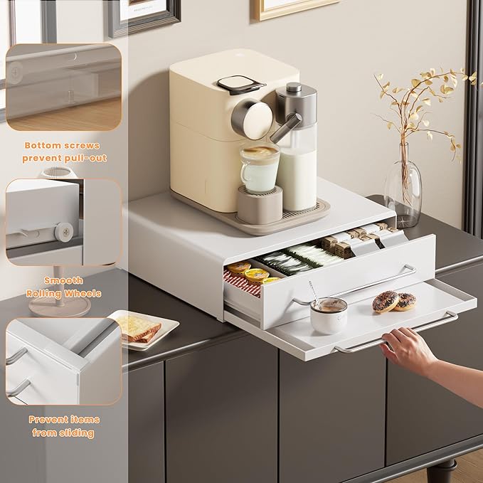DTK Microwave Stand with Pull-Out Drawer & Tray, Kitchen Storage Drawers Countertop for Compact Microwave, Coffee Station & Kitchen Appliance, Microwave Riser with Storage, White(Stand+Drawer+Tray)