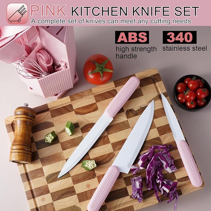 Kitchen Utensils Set,Caliamary 19 PCS Cooking Utensils Set with 360° Rotating Holder,Non-Stick Heat Resistan Kitchen Tools and Gadgets with Anti-slip Handle,Silicone One-Piece Molding (Pink)