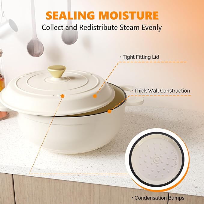 ROVSUN Enameled Cast Iron Round Dutch Oven, 7.5QT Pot with Lid &Dual Handles with Silicone Gloves,Oven Safe up to 500°F, Heavy-Duty Pre-Seasoned Cookware for Bread Baking, Braising, Stews, Roasting,Cream White