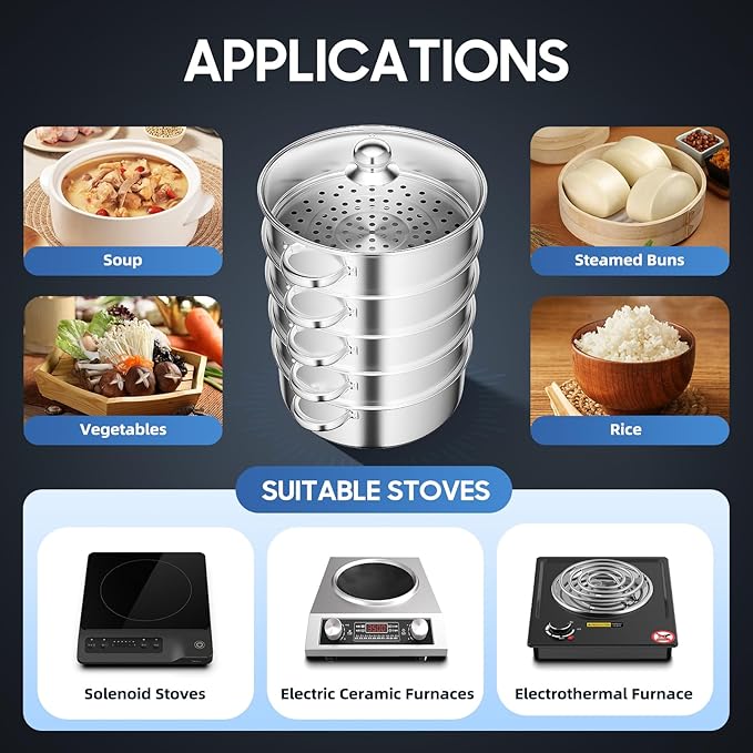 5-Tier Stainless Steel Steamer, Stainless Steel Steamer Basket Multi-Layer Cookware Steamer Pot Food Grade Steamer Pot with Glass Lid and Handles for Home Kitchen Restaurant Hotel (Silver A, 11inch)