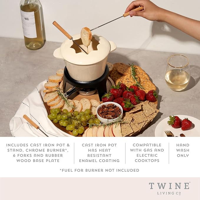 Twine Cast Iron Fondue Set with Metal Stand and Forks, Chocolate Melting Pot, Cheese Fondue Kit Set, Hosting Essentials 8.5", Off-Cream
