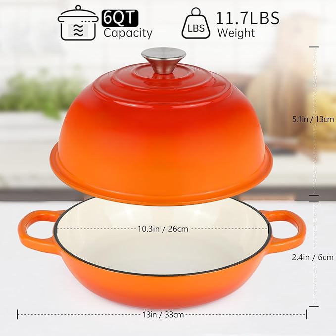 Enameled Cast Iron Bread Oven, Dutch Oven Pot with Lid, 10" Bread Dutch Oven for Sourdough Bread Baking, 6 Quarts Bread Pan with Dome Lid, Non-stick Cookware for Homemade Bread, Orange
