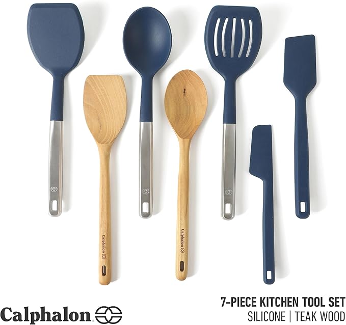Calphalon Prime 7 Piece Sillicone and Teak Wood Kitchen Tool & Gadget Set - Navy Blue