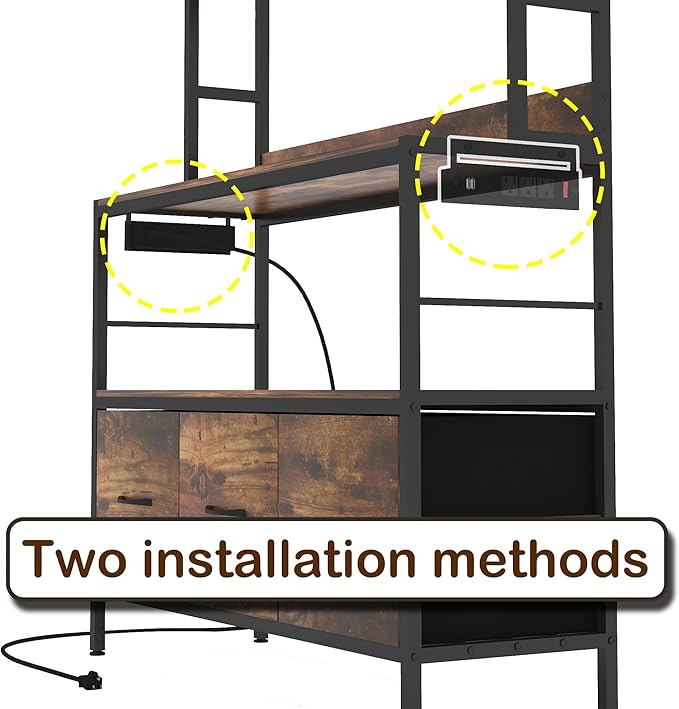 Kitchen Bakers Rack with Power Outlet,5-Tier Free Standing Storage Shelf Bakers Rack with Baskets,Industrial Microwave Oven Stand,Metal Kitchen Rack Organizer with Hooks