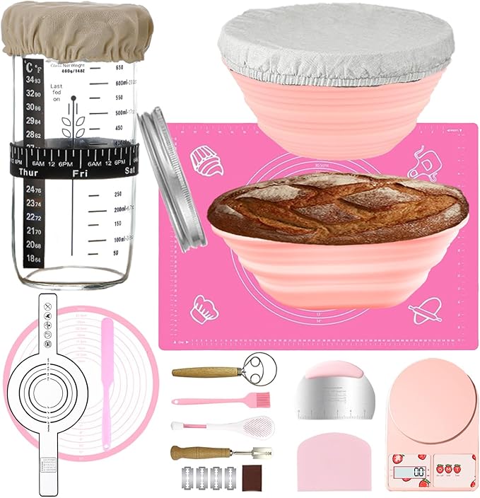 Sourdough Starter Kit, Sourdough Bread Baking Supplies, Sourdough Kit, Bread Making Tools and Kit, Bread Proofing Baskets, Sourdough Starter Jar, Beginner Friendly Sour Dough Kit (Cute Pink)
