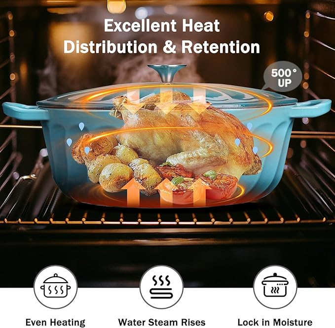 Enameled Oval Dutch Oven Pot with Lid, 7 QT Cast Iron Dutch Oven with Dual Handles for Cooking, Bread Baking, Frying, Non-stick Enamel Coated Oven (Blue-Green)