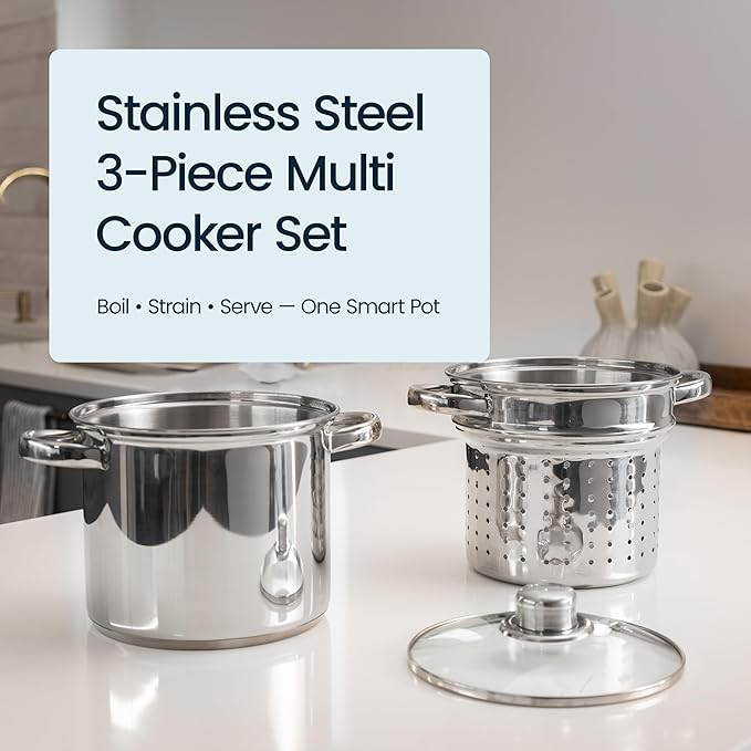 Culinary Edge 4-Piece Multi Cooker Stainless Steel Steamer Pot | Stockpot, Pasta Insert, Steamer Basket & Glass Lid | Pasta Pot Cooking Set for Meat, Vegetables, Seafood, Tamales, Soup & More | 4 Qt