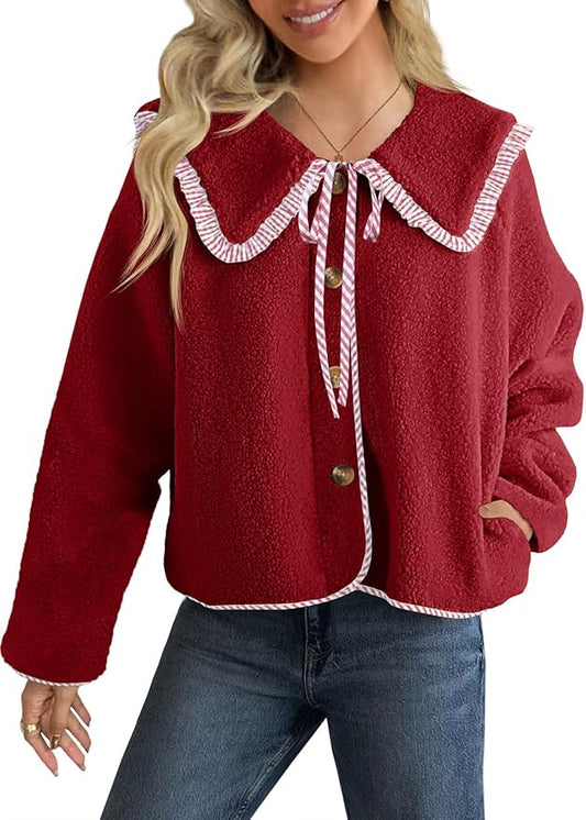Tankaneo Womens Fuzzy Fleece Jacket Peter Pan Collar Button Down Fall Winter Sherpa Coats Colorblock Cute Warm Outerwear