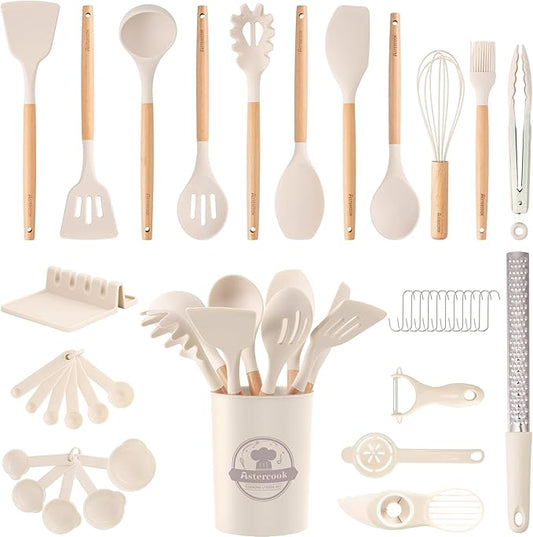 Astercook Silicone Cooking Utensils Set, 38 PCS Kitchen Utensils Set for 446°F Heat Resistant, Food Grade Utensil Sets with Wooden Handle, Kitchen Gadgets for Nonstick Cookware BPA Free (White)