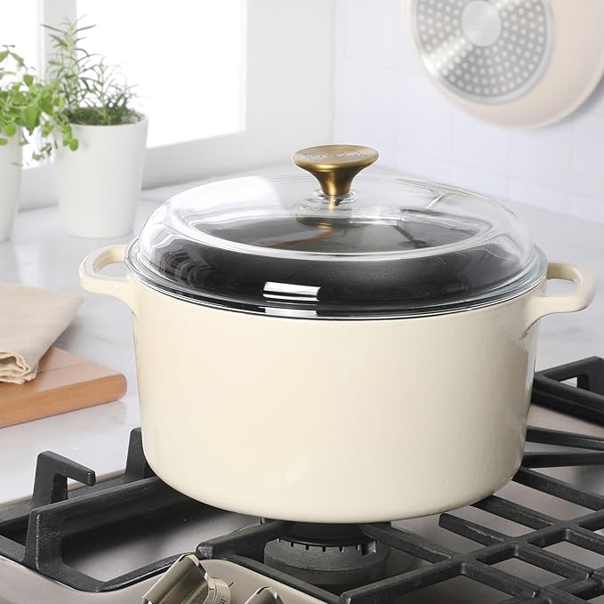 Sur La Table Kitchen Essential Supper Club 5-Quart Enamel-Coated Cast Iron Dutch Oven Pot with Oven Safe Glass Lid, Oven-to-Table Cookware for Bread, Soups, Stews & Braising - Eggshell White