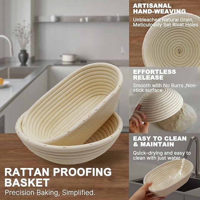 Round & Oval Rattan Banneton Basket Gift Kit with Accessories - Sourdough Bread Proofing Supplies (9" & 10", Liners, Scrapers, Lame) Natural for Home Bakers