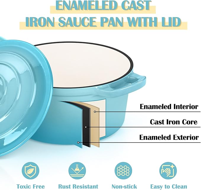 E-far Enameled Cast Iron Sauce Pan, 2 Quart Dutch Oven Saucepan with Lid, Small Sauce Pot for Cooking, Boiling, Healthy & Non Toxic, Induction & Oven Safe, Light Blue