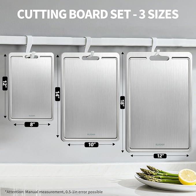 3pcs 100% Pure Titanium Cutting Boards with Juice Groove, Double-Sided Non-Toxic Chopping Boards for kitchen Meat, Vegetables and Fruits, Dishwasher Safe, Grey