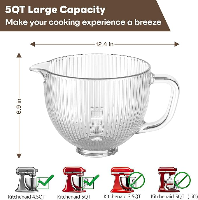 Glass Bowl for KitchenAid Mixer, 4.5-5 Quart Tilt-Head for KitchenAid Glass Mixer Bowl for Stand Mixer With Pour Spout and Measurement Markings, Dishwasher Safe