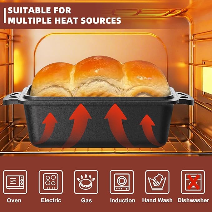 9×5 Inch Cast Iron Loaf Pan with Lid, 2-in-1 Bread Baking Pans for Homemade Bread, Pre-Seasoned | Even Heat Distribution, 2 Piece Set