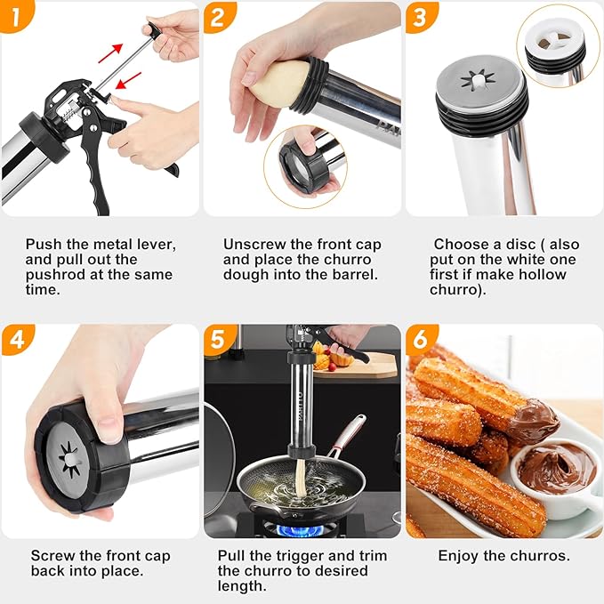 Churro Maker Machine, Stainless Steel Churros Gun Kit, 3-in-1 Multifunctional Cookie Press Hollow Churro with Piping Bag, 7 Piping Nozzles, 9 Cookie Discs & 2 Brushes, Easy to Clean