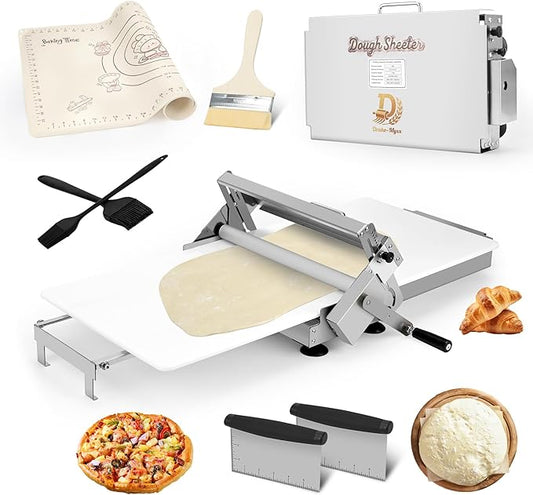 15.5" Folding Dough Sheeter, Includes 35.4" x 15.8" Sheeter Board, Dough Mat (23.6" x 15.8"), 2 Pastry Brushs, 2 Scrapers, Wool Brush, Manual Dough Roller with 55 Thickness Settings, Stainless Steel
