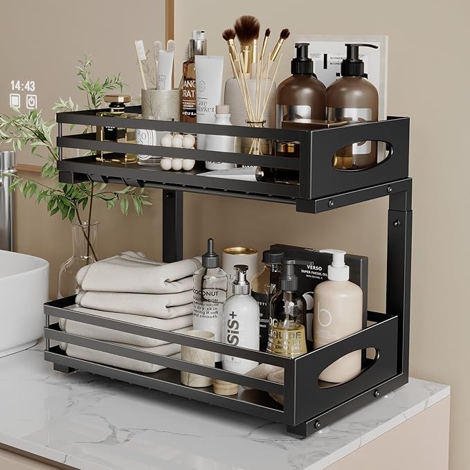 Under Sink Organizer, 2 Tier Under Sink Organizers and Storage, Adjustable Height, Slide out Metal Cabinet Organizers, Pull out Cabinet Storage Drawer Shelf for Kitchen Bathroom Black 1Pack
