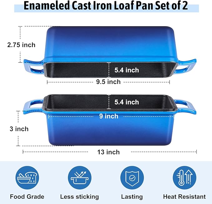 P&P CHEF 2-In-1 9 x 5 Inch Cast Iron Loaf Pan with Lid (Blue), Bread Loaf Pans for Baking Homemade Sourdough Bread, Meatloaf, Toast, Cake, Nonstick & Healthy & Sturdy, 2 Piece Set