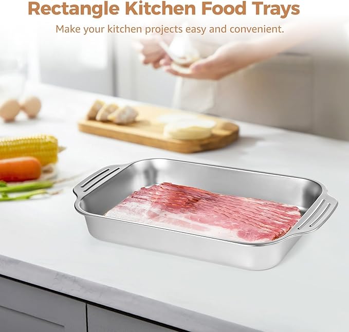 2 Pcs Stainless Steel Cake Pans, 9x13 Rectangular Baking Pans with Silicone Brush & Spatula, Cake Baking Trays with Double Handle, Rectangle Baking Bakeware for Breads, Meats (Without lid)