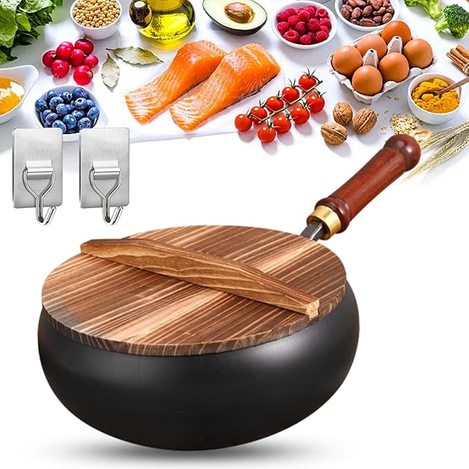 Uncoated Thick Iron Pot, Japanese Uncoating Cast Iron Pot, IronPot Pro, Multifunctional Non-Stick Cast Irons Wok with Lid, High Purity Irons Frying Pan for Cooking (Hammer-Wood Cover, L-11in)