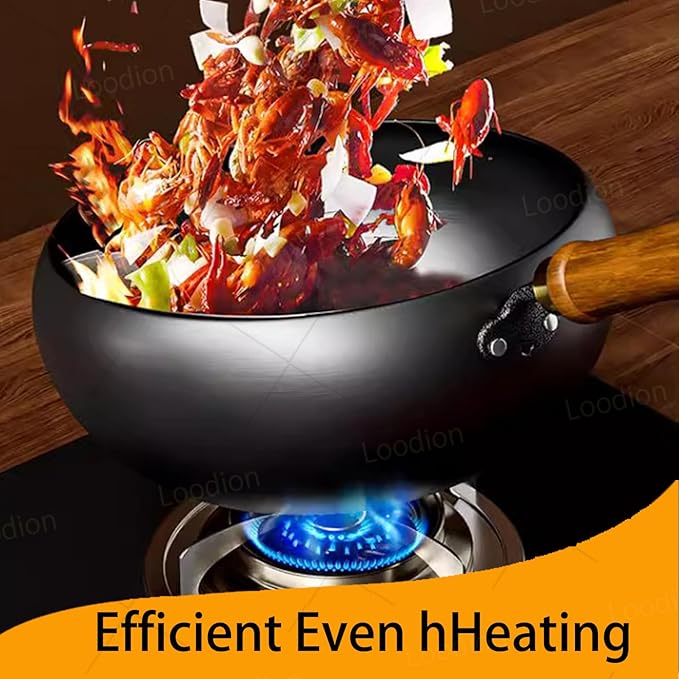 Uncoated Thick Iron Pot - Unenameled Cast Iron Casserole, Handmade Hammered & Large Belly with Lid for Baking, Cooking, Stewing (with Wood Lid,28CM/11.02IN)
