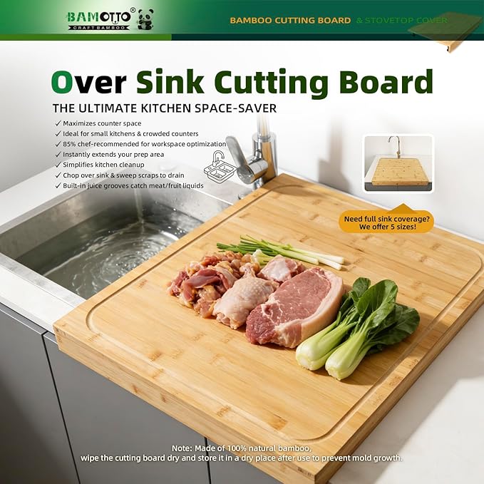 20 x 22 Inch Bamboo Cutting Board, Stovetop Cover and Over-the-Sink Board with Detachable Legs & Non-Slip Front Lip, Reversible Kitchen Counter Chopping Board