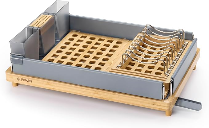 Polder Harmony Dish Rack, Sturdy Dish Drying Rack with 2 Open-Pattern Drain Trays, Dish Racks for Kitchen Counter, Drying Rack for Kitchen Storage, 19.6" x 13.5" x 6.2", Gray