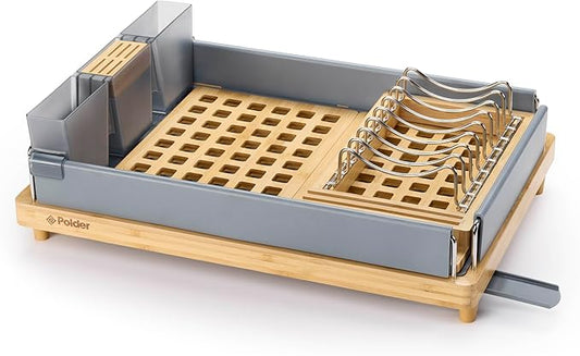 Polder Harmony Dish Rack, Sturdy Dish Drying Rack with 2 Open-Pattern Drain Trays, Dish Racks for Kitchen Counter, Drying Rack for Kitchen Storage, 19.6" x 13.5" x 6.2", Gray