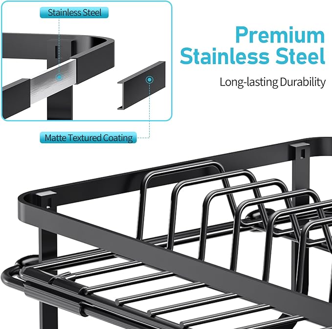 TOOLF Dish Drying Rack,2 Tier Dish Drying Rack with Large Drainboard,Dish Racks for Kitchen Counter and Sink,Stainless Steel Dish Drainers with Cup ＆ Utensil Holders,Black