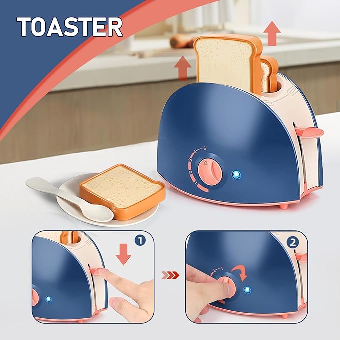 Kids Assorted Kitchen Appliance Play Toys Includes Coffee Maker ,Blender,Fruit Machine and Toaster ,Apron and Cups,with Realistic Lights& Sounds,Learning Gift for Toddlers Baby Girls Boys-Blue