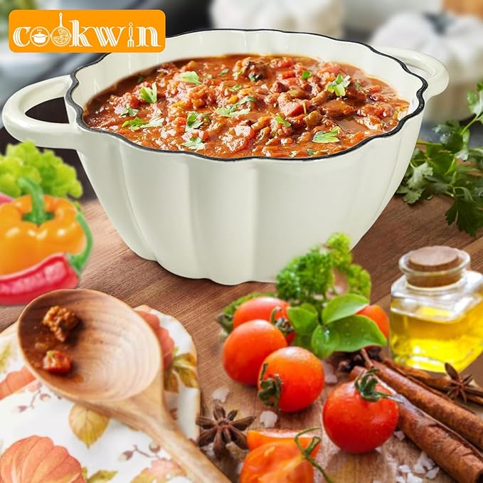 Pumpkin Cast Iron Dutch Oven with Lid, 4.5 QT Heavy-Duty Enameled Pot with Dual Handles, Serves 3-5, Oven Safe for Bread Baking, Braising, Cooking and Family Gifts, White