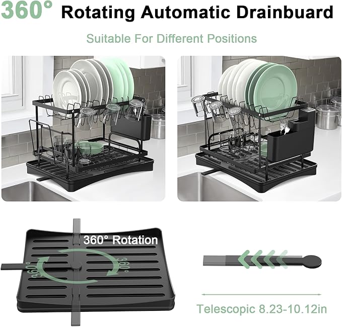 NEATEST Dish Drying Rack, 2-Tier Dish Rack for Kitchen Counter with Auto Draining Tray Kitchen Organizers and Storage with Cutlery Holder for Dish/Knifes/Cup/Cutting Board Dish Drainer