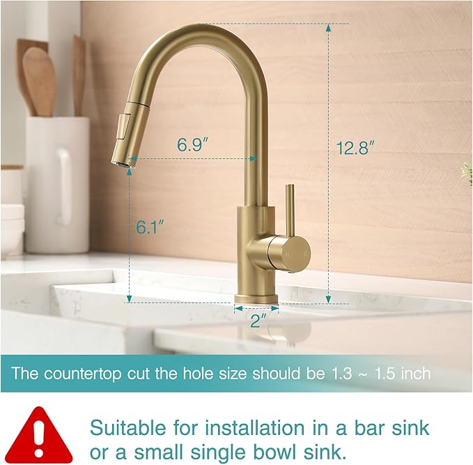 Modern Bar Sink Faucet for Kitchen Sink Single Handle with Pull Out Sprayer Hot and Cold Prep Sink Faucet Brushed Gold