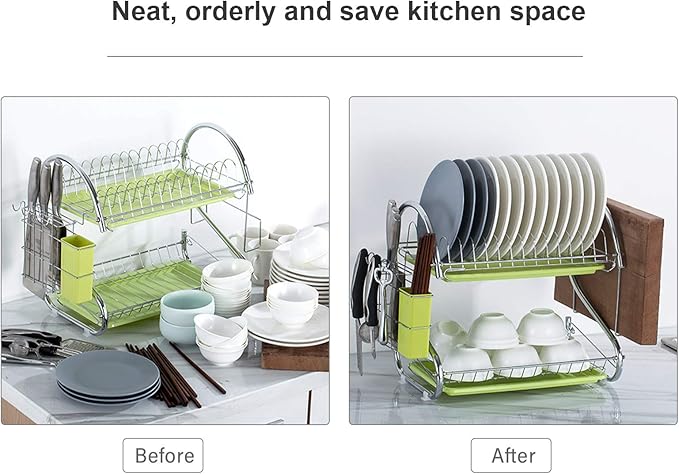 2 Tier Dish Racking System with Removable Drain Board - Sturdy Steel Kitchen Counter Organizer for Efficient Drying and Utensil Storage