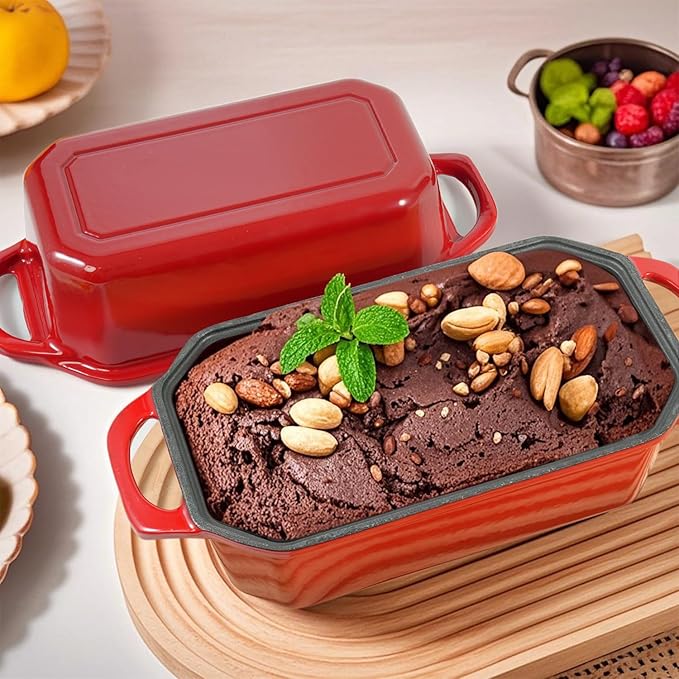 Bread Pan Cast Iron Loaf Pan with Lid Bread Loaf Pan 8.5x4.5 Inch Loaf Pan Enameled Cast Iron Sourdough Loaf Pan, Red