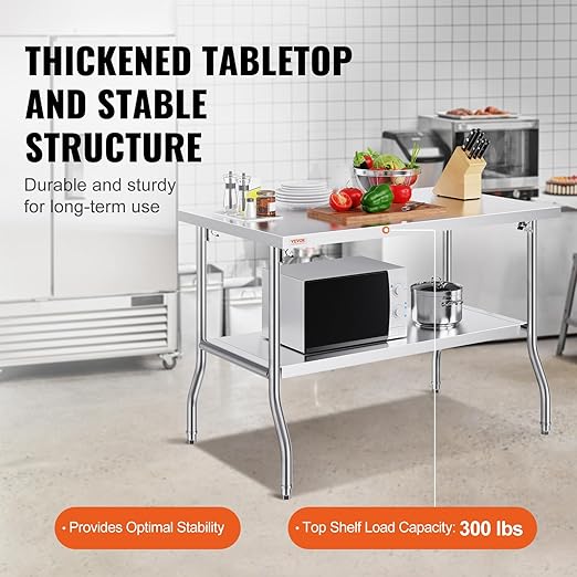 VEVOR Stainless Steel Foldable Work Table, 30 * 48 Inch Heavy Duty Food Outdoor Double Layer Stainless Steel Worktable for Commercial Kitchen Restaurant