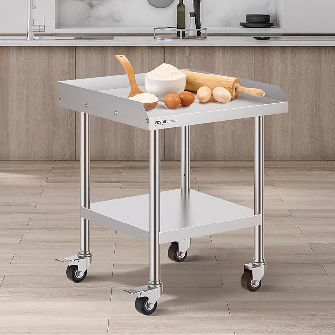 VEVOR Stainless Steel Work Table, 24 x 24 x 30 Inch Commercial Food Prep Worktable with 4 Wheels, Casters, 3-Sided Backsplash Heavy Duty Prep Worktable, Metal Work Table for Restaurant Home Hotel