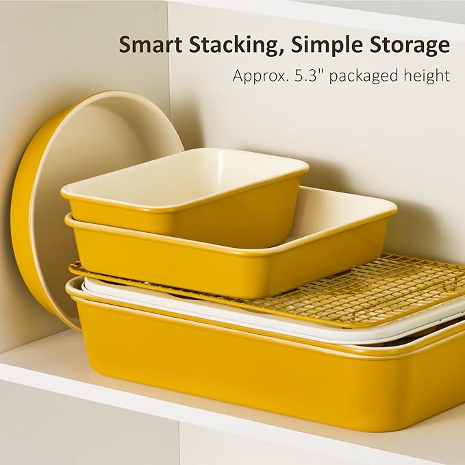 CAROTE 7-Piece Nonstick Ceramic Baking Pans Set - Bakeware Sets Including Cookie Sheets for Baking, Muffin Pan, Bread Pan, Cake pan, Loaf Pan, Roasting Pan, and Cooling Rack, Yellow & White