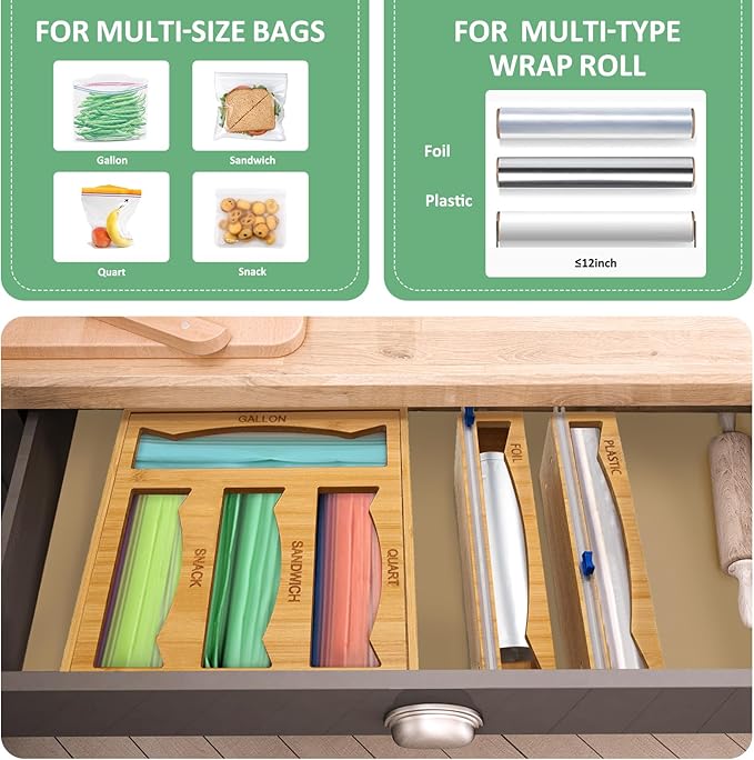 6-in-1 Magnetic Bamboo Drawer Organizer for Kitchen or Fridge, Adjustable Compartment Storage with Foil and Plastic Wrap Dispenser and Cutter – Fits Gallon, Quart, Sandwich, Snack Bags