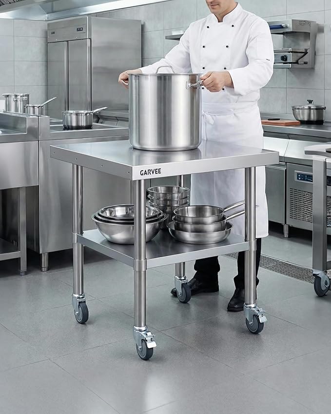 Garvee Stainless Steel Work Table, 24x30x26 Inch Commercial Food Prep Worktable with Wheels, Detachable 3-Sided Backsplash & Height-Adjustable Shelf, Heavy Duty Workbench for Kitchen Restaurant Garage